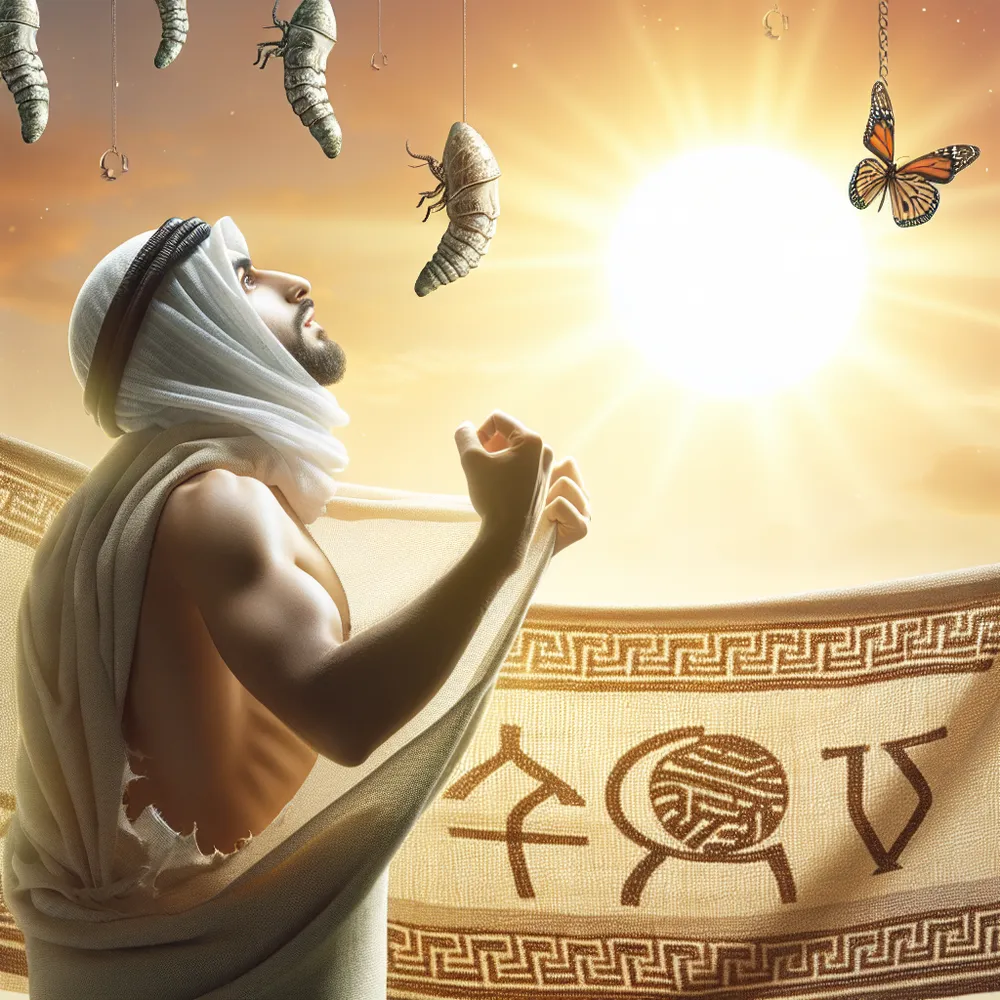 A Middle-Eastern individual breaking free from a cocoon, with the backdrop of a bright rising sun signifying rebirth and metamorphosis. Ancient Greek symbols symbolizing knowledge and transformation are scattered in the surrounding environment, further enhancing the depth of the scene.