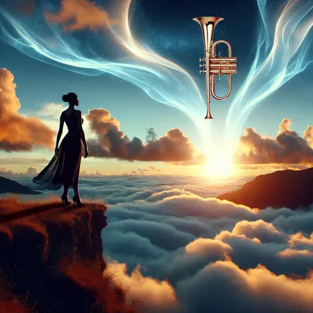 A striking scene showcasing a Black woman standing confidently on the edge of a stunning sunrise. She gazes into the distance as the first light of dawn illuminates the skies. Above the clouds, we see the ephemeral form of trumpets, seemingly resonating with the energy of the morning. This remarkable sight symbolizes the Tarot card of Judgment, embodying themes of self-evaluation, awakening, and significant change.