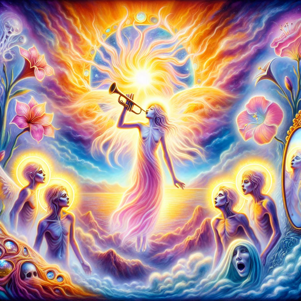 An ethereal and transformative scene illustrating the Judgement tarot card: souls rising from the earth towards a glowing celestial figure blowing a trumpet against a radiant sky. Incorporate symbols of renewal and introspection, such as a mirror and a blooming flower. The artistic style is a blend of mystical realism with vibrant colors and detailed, expressive faces conveying an awakening sense of clarity and purpose.