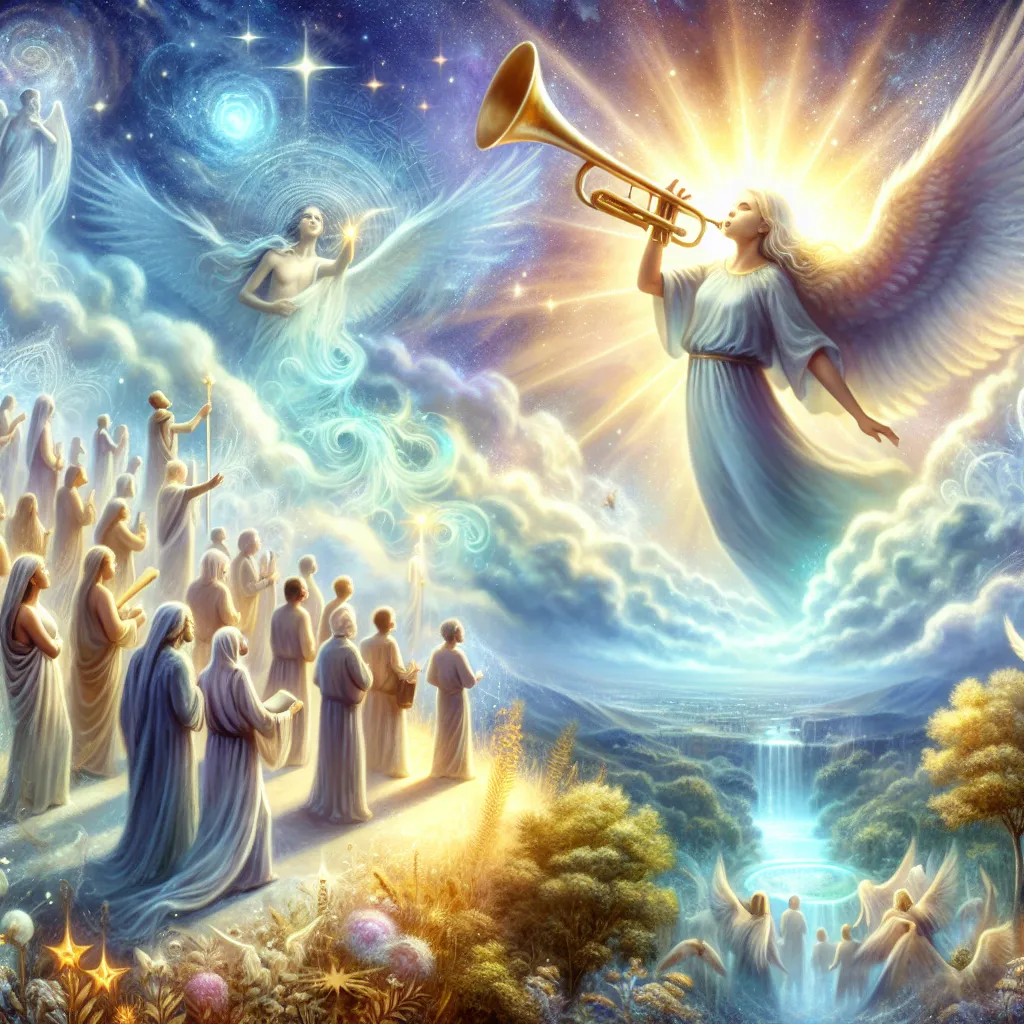Create a mystical and ethereal scene depicting the Judgement tarot card. Show an angelic figure in the sky blowing a golden trumpet, with radiant light streaming down. Below, diverse figures of men and women are emerging from a serene landscape, reaching upwards towards the call. The background features celestial elements like stars and clouds, symbolizing awakening and transformation. The mood is hopeful and enlightening, capturing the theme of renewal and introspection.