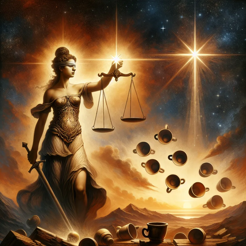 Create an artwork for the concept 'Emerging from Chaos'. Feature a representation of Lady Justice, an authoritative Hispanic woman, in the center. She's holding an equally balanced scale in one hand, symbolizing fairness and righteousness. Above her head, a single bright shining star is casting a celestial glow. In the background, render the melancholy yet hopeful image of eight empty cups discarded on a rugged landscape, symbolizes leaving behind turmoil. The overall colour scheme should be warm, representing hope and evolution from chaos. The overall style should align with classical Renaissance aesthetics.