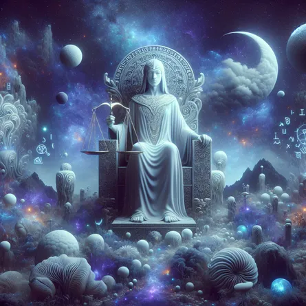 Generate an image of a serene, androgynous figure of Middle-Eastern descent sitting on a regal throne and holding a balanced scale, symbolizing justice. They are placed in an other-worldly landscape that overflows with surrealistic elements. Unusual shapes and forms appear in the starlit foreground, hinting at a sense of mystery. The ethereal environment is lit by stellar lights, revealing arcane symbols etched into the surface of nearby rocks and flora. The overall palette of this mystical scene leans towards nocturnal blues, whites, and dusky purples while the figure emanates a gentle, comforting glow.