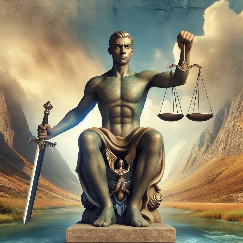 Imagine an image featuring a strong and fair figure. This person embodies justice, holding perfectly balanced scales in one hand and a gleaming sword in the other. They are seated on a solid stone throne that is adorned with various symbols representing justice. The figure gazes out towards the viewer with eyes filled with sagacity and unwavering resolve. Behind them, a picturesque backdrop presents a serene river flowing between towering mountains, emblematic of the relentless flow of truth and the steadfast pursuit of justice.