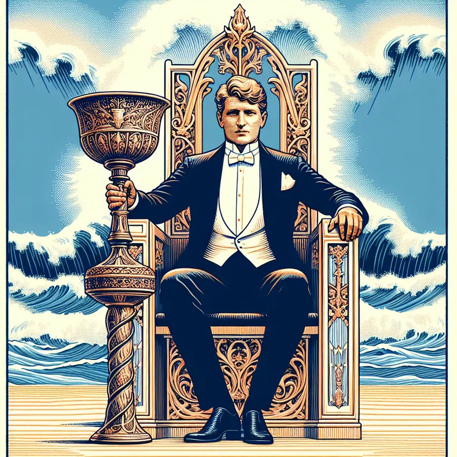 An image emphasizing a public figure with a regal aura, sitting on a throne at a beach. His demeanor is composed and calm, holding a large ornate chalice in his hands. The sea behind him embodies chaos, with waves crescendoing dramatically, yet his tranquility remains undisturbed, showing utter control over his emotions. Drawing inspiration from the detailed and symbolic aesthetic of pre-1912 tarot cards, machine learning algorithms attempt to infuse the scene with similar stylized elements.