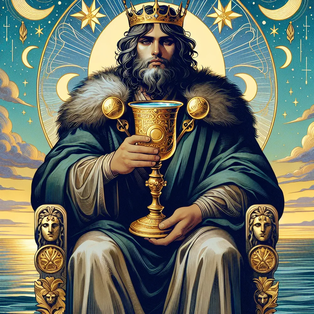 An artistic representation of a stoic King of Cups. Depict him as a dignified public figure, holding a golden chalice filled with the calm ocean under a tranquil twilight sky, sitting on a throne embellished with symbols of the sea and the moon, representing balance and intuition. His expression is serene yet strong, reflecting his emotional mastery and wisdom. His image invokes feelings of tranquility and emotional harmony.