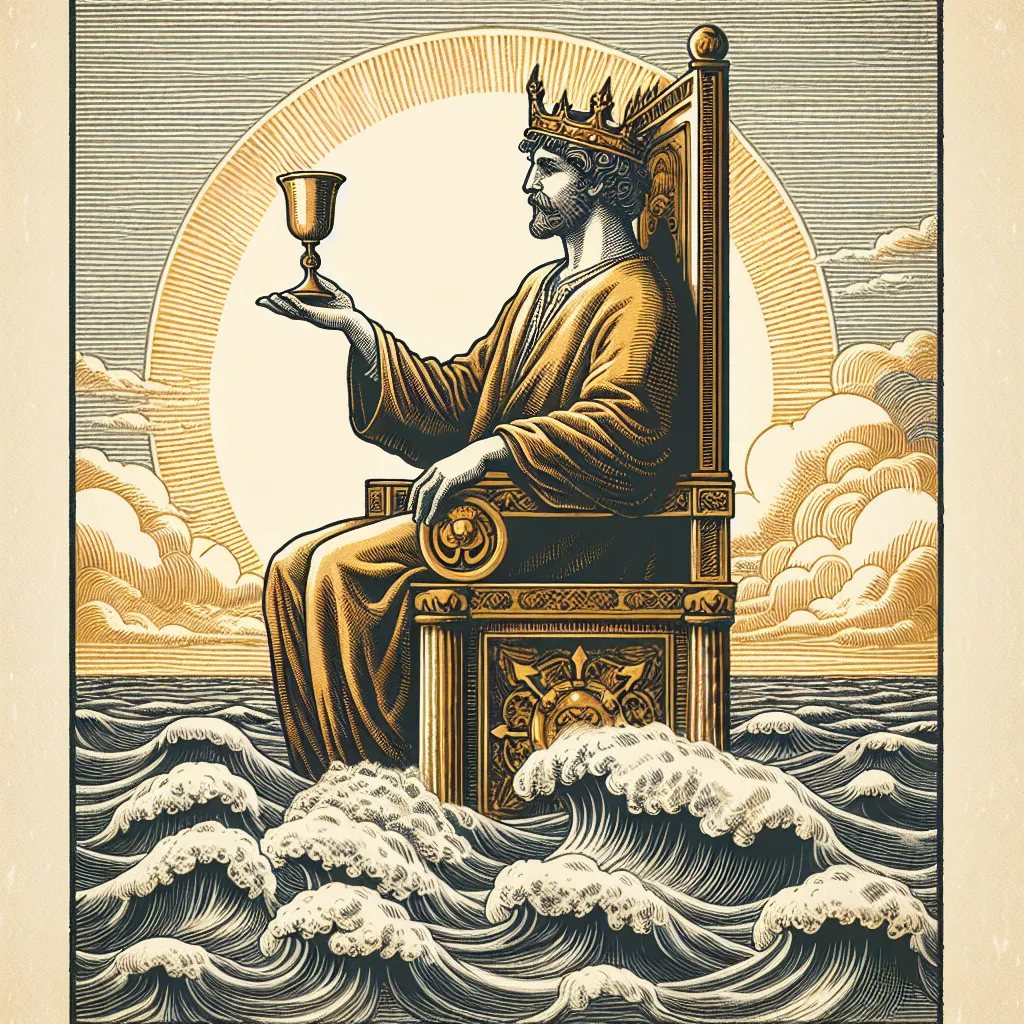 An image of a wise, mature public figure serenely seated on a throne that's floating adrift upon the sea waves. He is finely balancing a golden chalice delicately in one hand, embodying the regality of the King of Cups from tarot symbolism. He gazes out at the horizon, personifying warmth, understanding, and emotional maturity. Please capture the image with a vintage, hand-illustrated aesthetic, resembling ancient tarot cards in execution with characteristics of detailed line work, muted color palette and symbolic imagery.
