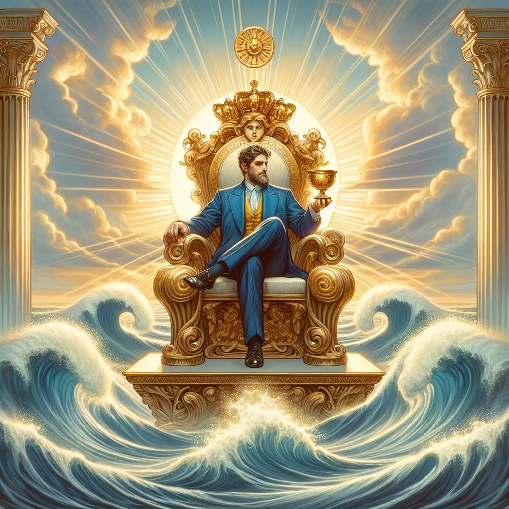 Create an artistic depiction of the King of Cups tarot card. Imagine a regal public figure sitting calmly on an ornate throne set upon gently undulating waves. The figure exudes an air of emotional mastery and compassion, holding a gilded cup. The scene is bathed in a serene light, with a backdrop of a tranquil sea and sky blending seamlessly, symbolizing harmony and balance. Include subtle symbols of classical stoic philosophy, like a laurel wreath or an open scroll, to emphasize wisdom and inner peace.