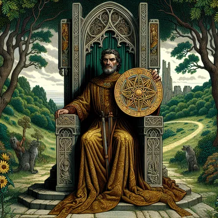 Illustrate a medieval monarch of Hispanic descent, sitting on an ancient stone throne in the midst of a verdant forest. His right hand is holding a large pentacle, a symbol of earth and nature. His robe, representing the regal attire typical for his rank, flaunts an intricate design reminiscent of the rich earthy colors. Surrounding him are flourishing trees and a path that reaches beyond the forest limits, metaphorically portraying the journey ahead. His facial features express a serene calmness, indicative of wisdom and endurance.
