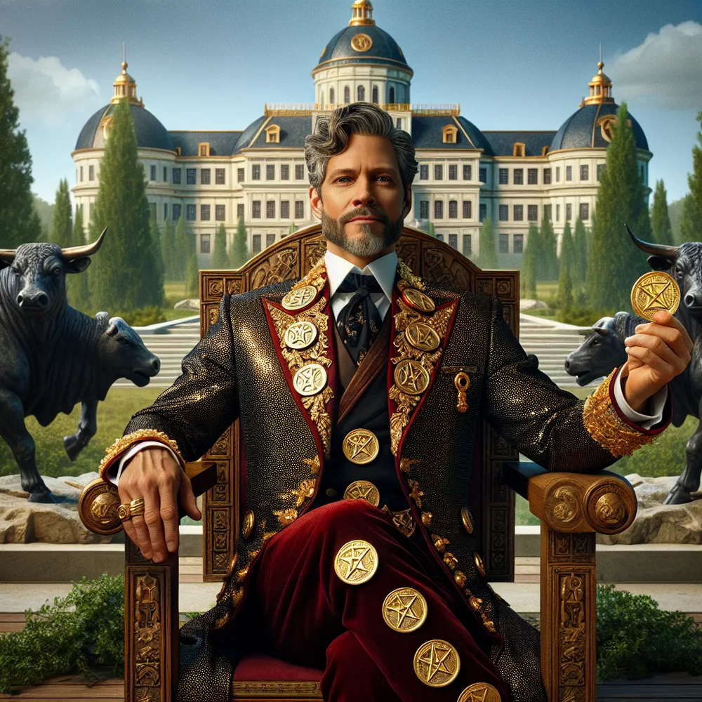A confident and authoritative public figure dressed in regal clothing studded with pentacles. The figure maintains a commanding posture while seated on a grand throne intricately carved with figures of bulls. The background is filled with the majestic sight of a grand building nestled amongst lush greenery, reminiscent of a castle. In the dominant hand, the figure holds a golden coin, a classic symbol of wealth, success, and achievement.