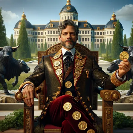 A confident and authoritative public figure dressed in regal clothing studded with pentacles. The figure maintains a commanding posture while seated on a grand throne intricately carved with figures of bulls. The background is filled with the majestic sight of a grand building nestled amongst lush greenery, reminiscent of a castle. In the dominant hand, the figure holds a golden coin, a classic symbol of wealth, success, and achievement.