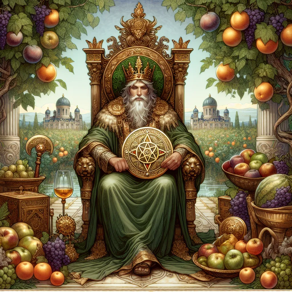Create an image of the King of Pentacles: a regal, noble figure seated on a grand throne. He has an elegant, wise demeanor, wearing rich robes and a crown adorned with earthy green and golden hues. Holding a coin embossed with a pentacle symbol, he sits amidst a lush garden, surrounded by symbols of abundance—ripe fruits, flourishing vines, and ornate treasures. The background features a serene landscape that conveys stability and prosperity, emphasizing themes of wealth, control, and benevolence.