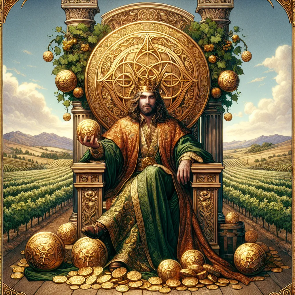 Create an image of the King of Pentacles from tarot. The king is seated on a luxurious throne adorned with intricate carvings of vines and golden pentacles, symbolizing abundance and material success. He wears a regal robe with rich earthy tones and lush green, signifying prosperity and a connection to nature. In his right hand, he holds a golden pentacle, while his left rests on the armrest, exuding a sense of calm authority. Surround him with bountiful fields and vineyards under a clear, luminous sky. Use a blend of realistic and fantasy art styles to evoke both a spiritual and material wealth.