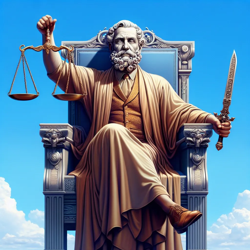 Generate an image of a wise-looking public figure dressed in regal clothing, comfortably seated on an impressive chair of authority. His left hand is holding a set of scales denoting discernment, while his right hand is holding a large, complex sword symbolizing sharp intellect. The backdrop is a clear, azure sky to represent clarity and truth.