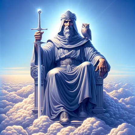 An image of a tall and commanding figure, of mixed Middle-Eastern and Asian descent, seated on a throne located within the confines of the clouds that symbolize thought. In his right hand, he holds an upright, shining silver sword. His face is firm and insightful, demonstrating his intellectual capabilities. The backdrop of the scene contains a vast and transparent-blue sky, which signifies clarity in thoughts and decisions. Resting on the top corner of the throne, a petite owlet presents itself as a symbol of wisdom.