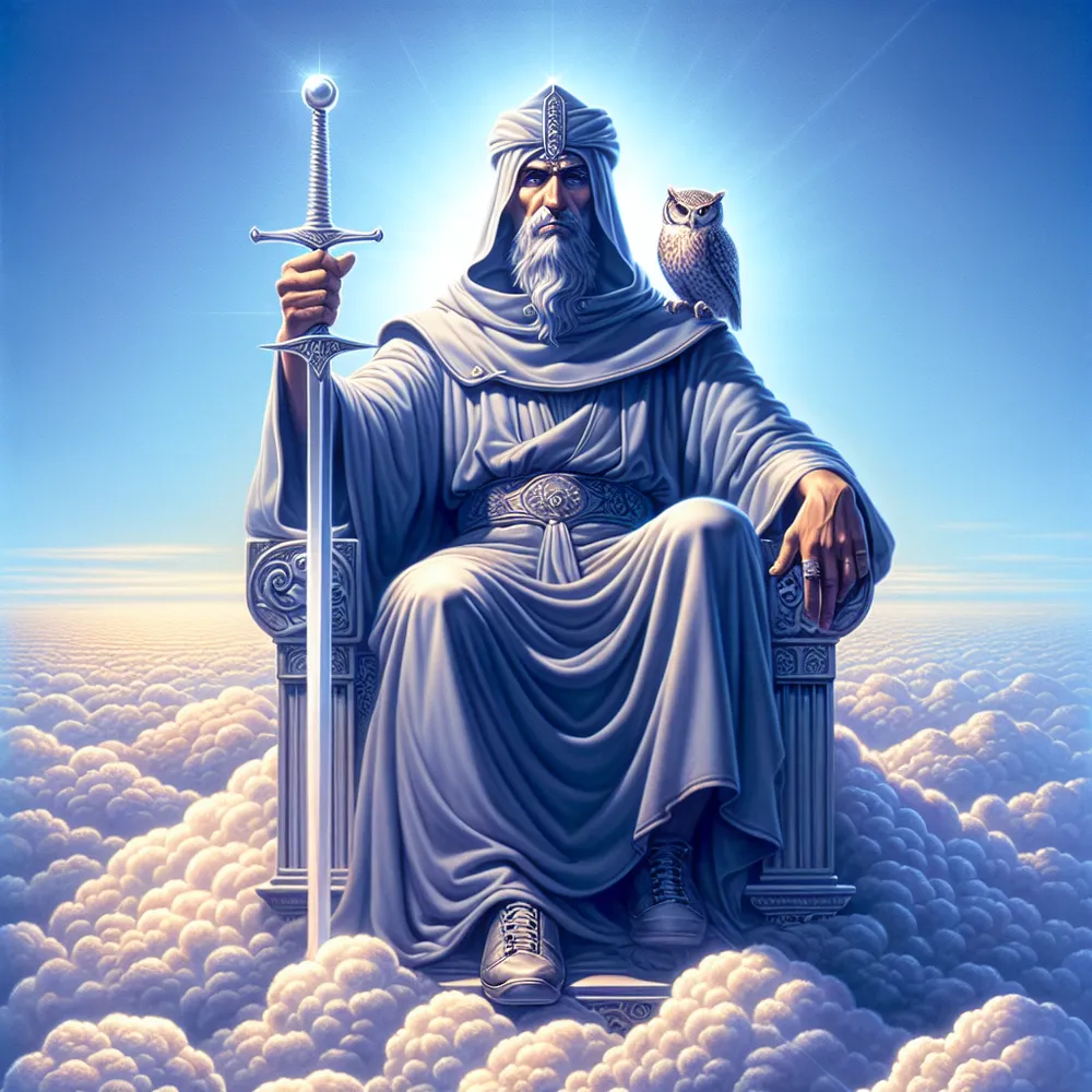 An image of a tall and commanding figure, of mixed Middle-Eastern and Asian descent, seated on a throne located within the confines of the clouds that symbolize thought. In his right hand, he holds an upright, shining silver sword. His face is firm and insightful, demonstrating his intellectual capabilities. The backdrop of the scene contains a vast and transparent-blue sky, which signifies clarity in thoughts and decisions. Resting on the top corner of the throne, a petite owlet presents itself as a symbol of wisdom.