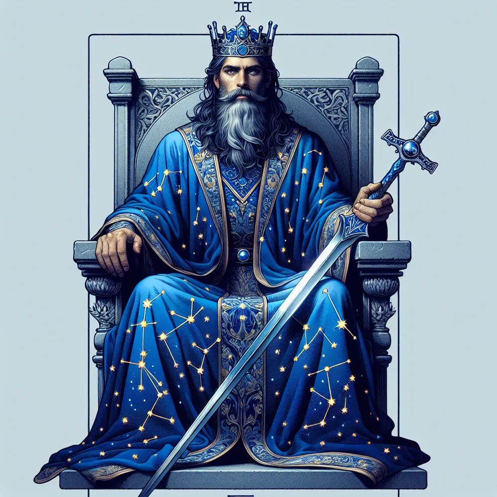 Create an image inspired by a tarot card commonly known as the King of Swords. The image should include a majestic, wise figure sitting poised on a stone throne. The figure should be wearing a robe of royal blue decorated with constellations, symbolizing wisdom and clarity. In the figure's hand, they are firmly holding a shiny, double-edged sword that is pointed towards the sky. Their face should depict a blend of sternness and comfort, with eyes that evoke a sense of deep wisdom that goes beyond everyday understanding.