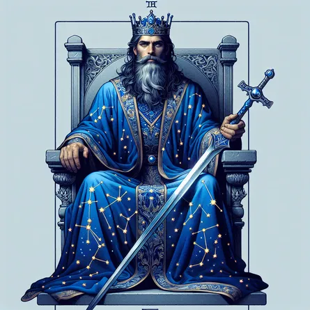 Create an image inspired by a tarot card commonly known as the King of Swords. The image should include a majestic, wise figure sitting poised on a stone throne. The figure should be wearing a robe of royal blue decorated with constellations, symbolizing wisdom and clarity. In the figure's hand, they are firmly holding a shiny, double-edged sword that is pointed towards the sky. Their face should depict a blend of sternness and comfort, with eyes that evoke a sense of deep wisdom that goes beyond everyday understanding.
