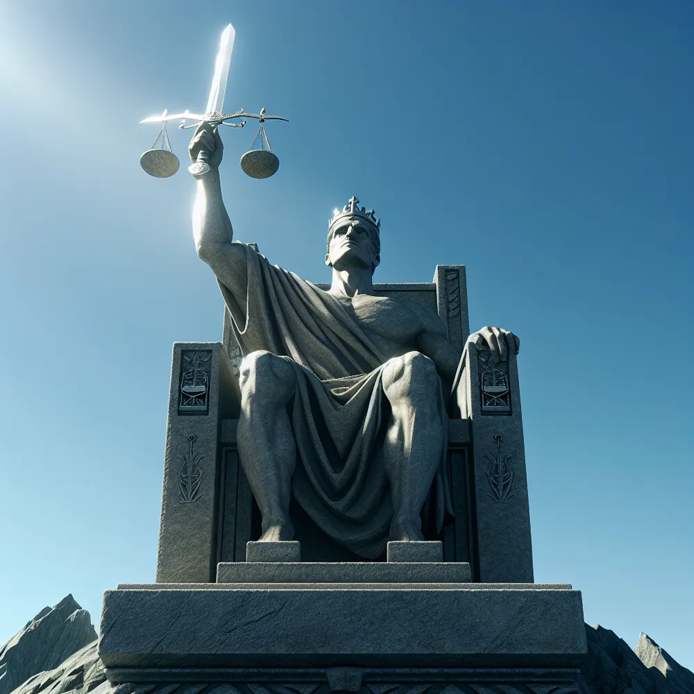 In this image, a figure representing the personification of authority is seated on his stone throne, high on a mountain peak, under a clear blue sky. The figure is caucasian, can be perceived as male, and has a stern face and focused eyes, embodying an unwavering commitment to truth and justice. He raises a gleaming silver sword towards the sky, reflecting the sunlight. The throne upon which he sits is adorned with intricate carvings of scales, signifying the idea of fairness and balance, and further highlighting his dedication to clarity and logical thinking.