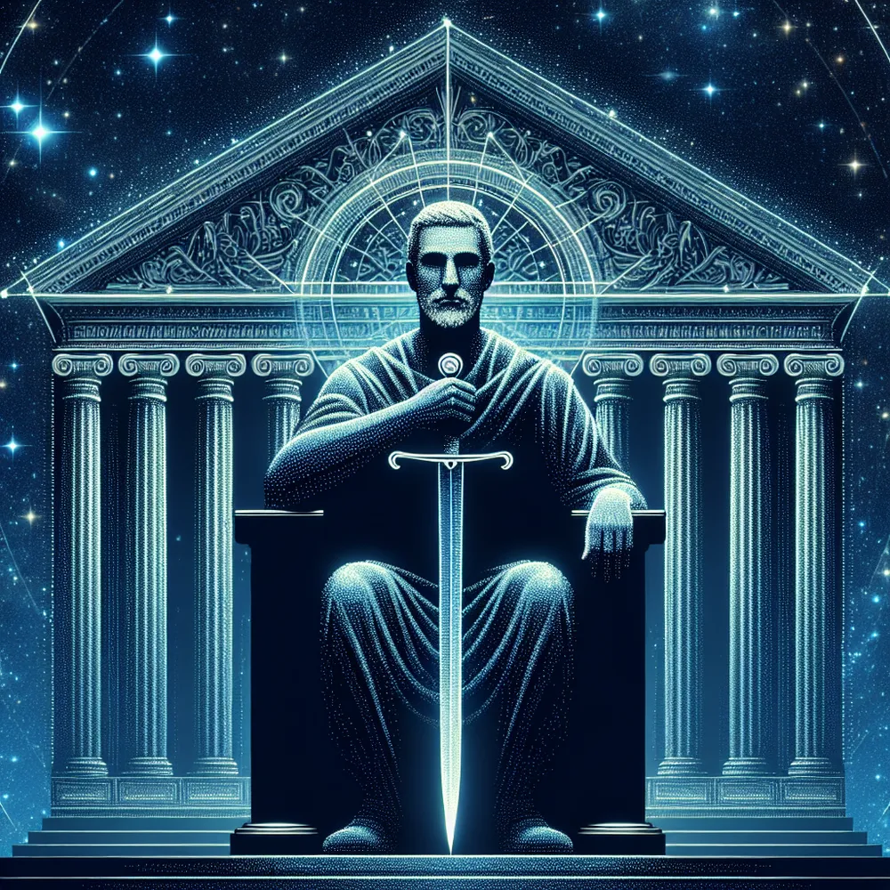 Generate an image of a stoic, authoritative, and intellectual public figure seated on a throne under a clear, starry night sky. This Caucasian figure firmly grasps a double-edged sword, its blade gleaming with truth and clarity. Behind this figure, create the silhouette of a grand library symbolising wisdom and knowledge.