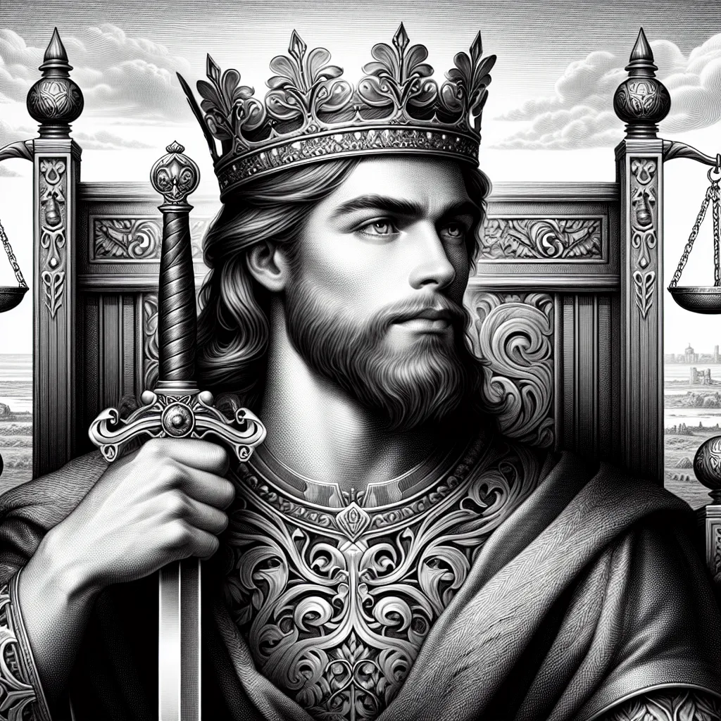 Create an image of a regal king seated on a throne, holding a gleaming sword upright in his hand. He wears a crown adorned with intricate designs, symbolizing wisdom and authority. His expression is calm and thoughtful, with sharp, intelligent eyes. The background features an open sky with gentle clouds, conveying a sense of clarity and insight. The throne is decorated with motifs of balance and justice, emphasizing rationality and fairness.