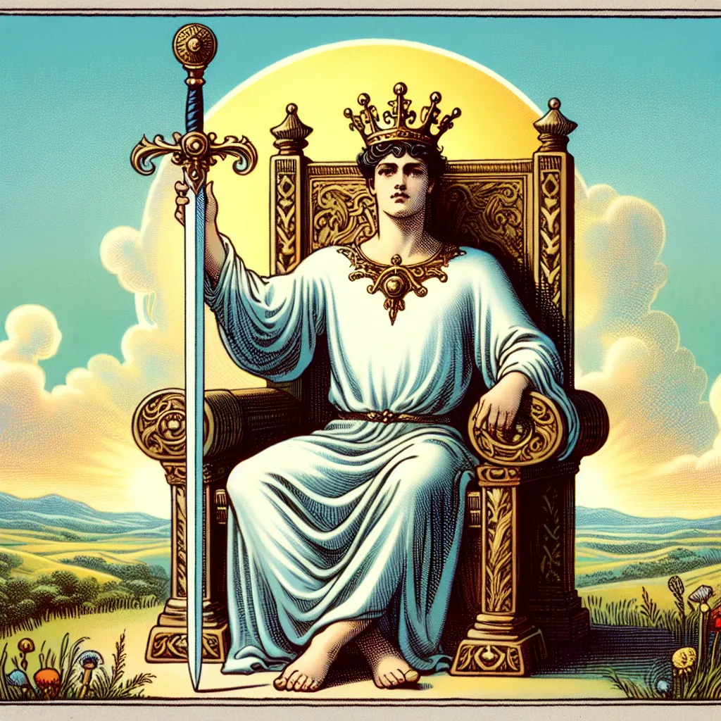 Create an artistic representation of the King of Swords tarot card. The King is depicted as a noble figure seated on an ornate throne, holding a prominent sword upright in one hand, signifying clarity and authority. He gazes forward with a composed, wise expression. The background is a serene landscape symbolizing knowledge, featuring a clear blue sky and rolling hills. The imagery is detailed and vibrant, capturing a balance of strength, intellect, and stoic calmness.