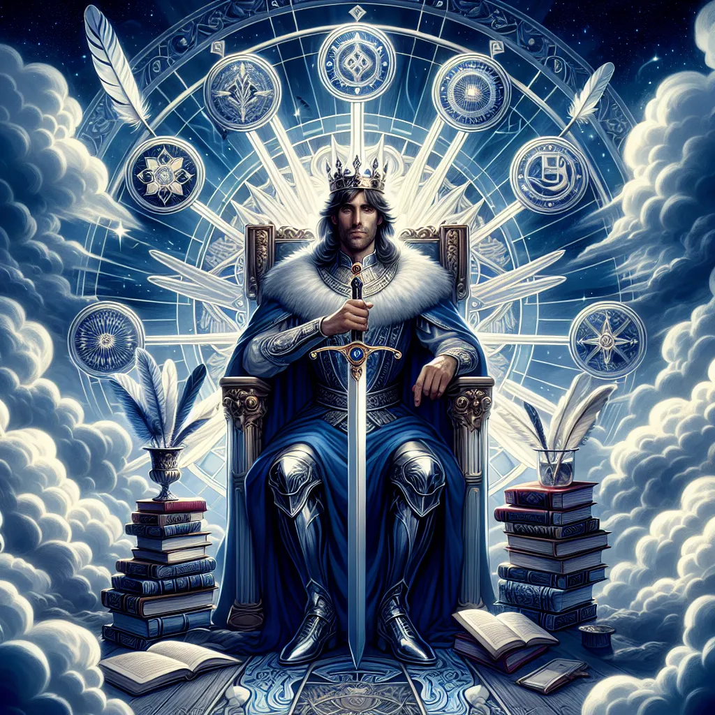 Create an image of a regal and authoritative King of Swords from the tarot deck. He is seated on a throne adorned with symbols of intelligence and truth, such as books and a feather quill. The king holds an upright sword with a calm, commanding presence, surrounded by a backdrop of stormy clouds parting to reveal a clear blue sky. The atmosphere conveys a sense of wisdom, clarity, and discernment, with shades of royal blue and silver highlighting the mystic, intellectual aura of the scene.