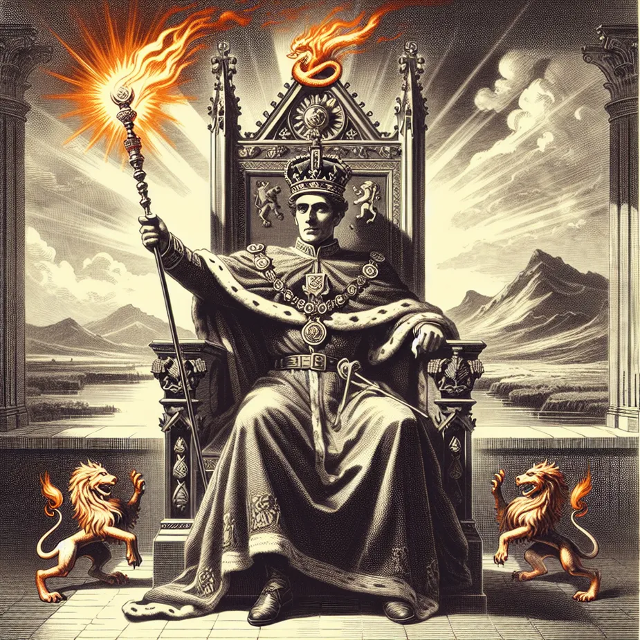 An illustration of a regal public figure seated on an ornate chair of state, clutching a flaming wand. He is clothed in a majestic robe, festooned with emblems of lions and salamanders, these symbols represent fiery resolve and transformation. His headgear brandishes an emblem of a leaping flame, signifying his influence and fervor. The backdrop features an expansive landscape bathed in sunlight, presenting mountains, which represent the trials and victories of existence. The overall ambiance exudes warmth and authority, encapsulating the energy of the authority figure with the Flaming Wand.