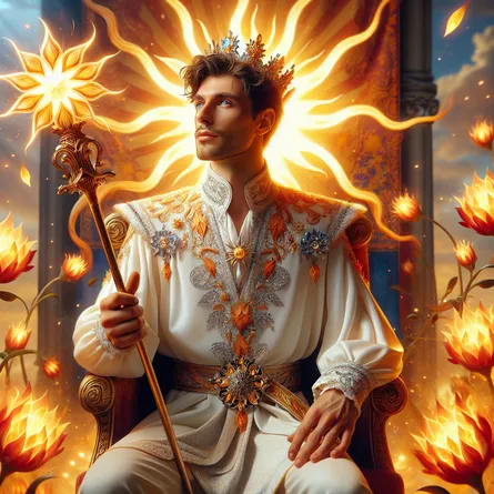 A charismatic and heroic male leader of Caucasian descent, symbolizing the King of Wands, is seated on a throne made from luminous blossoming flames. He holds a single brightly glowing staff, epitomizing his power and authority. His commanding features and lively demeanor hold the essence of vigor. He gazes off into space, reflecting a visionary envisioning the future. His royal attire, designed with motifs of fire and energy, helps accentuate his affinity for said elements. The backdrop presents a delightful sunrise characterized by an abundance of light and radiating warmth, which acts as the symbolic representation of the passion and creativity he embodies.