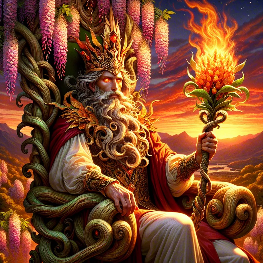 A majestic public figure seated on a throne, which has been artfully crafted from a winding, intricately detailed branch of a fire-colored wisteria tree. His regal headpiece emits a fiery glow, suggesting his prominent status, and in his hand, he grasps a blooming wand ablaze with fire. His eyes sparkle with fierce determination and staunch resilience, truly embodying the spirit and energy associated with the ruler of the wand suit in tarot. The scenery in the background displays an enchanting sunset, brilliantly painted with hues of vibrant red, rich orange, and lustrous gold.