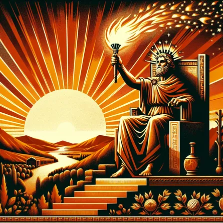 An image of a public figure who bears a resemblance to a sovereign, seated on a grand throne atop a hill, holding a blazing wand aloft with sparks spiraling upwards, indicative of creativity and vigor. A warm, richly colored sunset is depicted in the background, serving as a signifying element of leadership and authority. The surrounding landscape is populated with tokens of growth and advancement such as budding trees and climbing vines. The overall color scheme is abundant in warm orange and earthy hues.