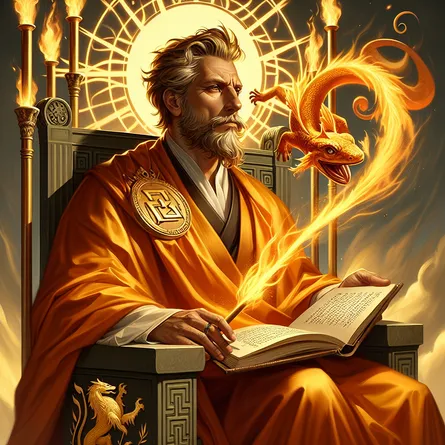 A middle-aged, wise and confident ruler of unspecified descent sitting on a throne adorned with flaming rods and the emblem of a salamander, which signifies passion and metamorphosis. This ruler, cloaked in an orange fabric representing imagination and drive, holds a flourishing rod that symbolizes growth and potential. His other hand lies on a book bearing the teachings of Stoicism, and his far-off gaze implies far-sightedness and inspirational guidance. A strong golden aura radiates from him, creating long shadows that accentuate his captivating and magnetic persona.