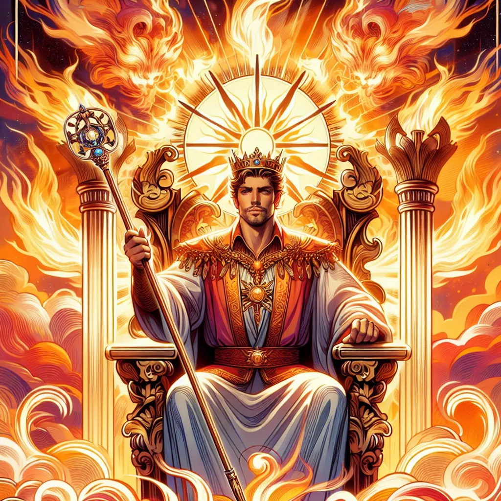 Create an image of the King of Wands from a tarot deck. He is seated confidently on a majestic throne adorned with fiery motifs, reflecting his dynamic and visionary nature. The background is vibrant and warm, with flames gently rising around him, symbolizing creativity and passion. The King holds a wand in his hand, radiating power and determination, and his expression is one of intense focus and leadership. Capture the energy of action and ambition, evoking a sense of inspirational leadership and self-assuredness.