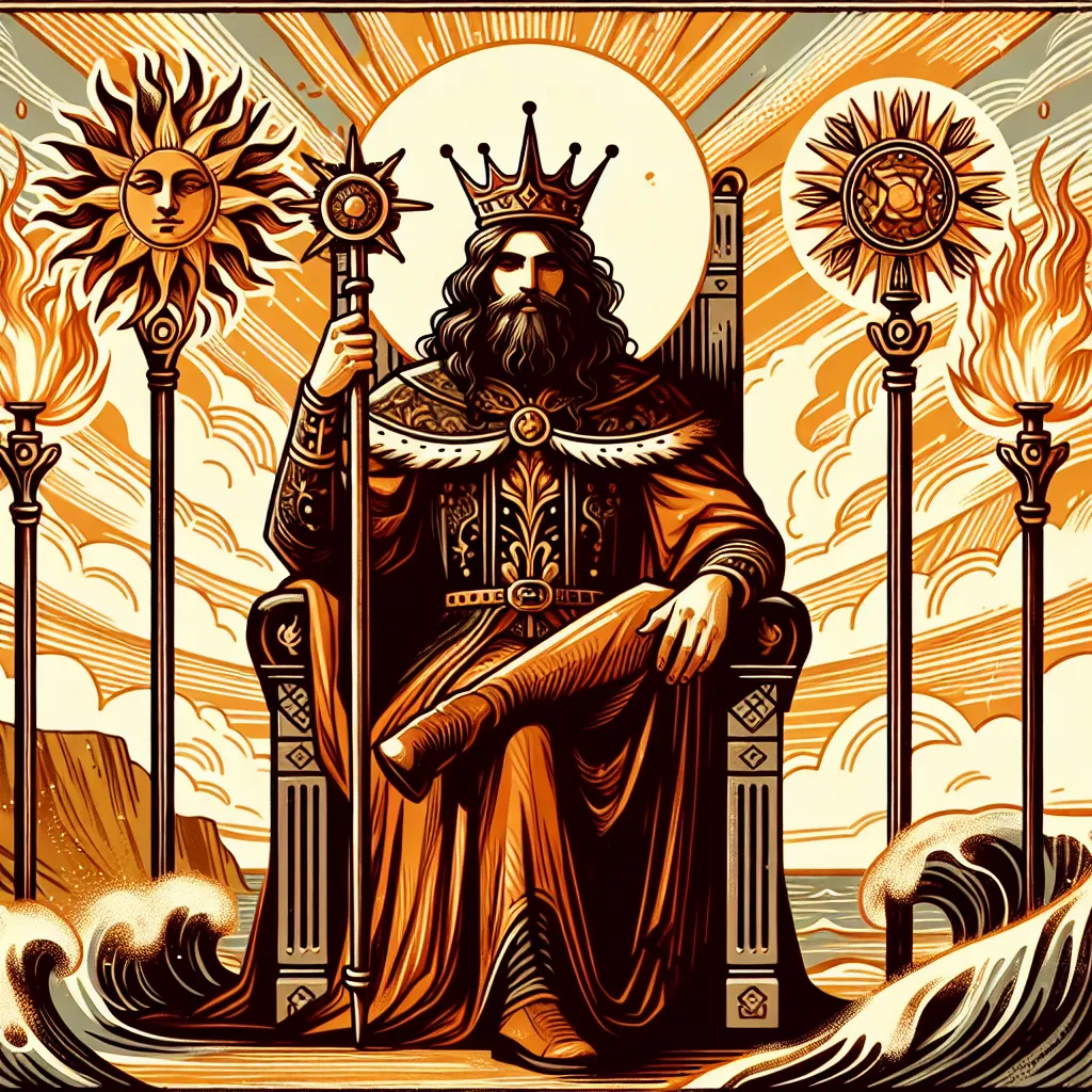 Create an image of the King of Wands tarot card. Show a regal, charismatic figure seated on a throne, holding a wand symbolizing authority and action. Surround the king with symbols of fire and energy, such as blazing torches or the sun. The background should convey a sense of vision and leadership, perhaps featuring a distant landscape or horizon that suggests adventure and potential. The king should exude confidence, inspiration, and strength, with rich, warm colors to emphasize his dynamic nature.