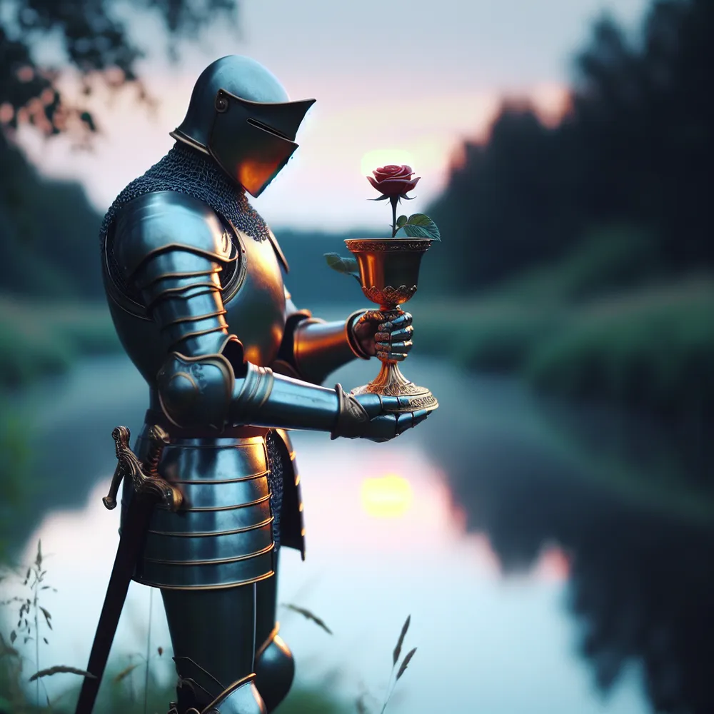 A knight encased in gleaming armor grips a golden chalice embodying an array of emotions. This figure stands sturdily beside a serene river, their gaze riveted on the reflection of a solitary rose shimmering on the water's surface. All around them, the delicate light of dusk casts a gentle glow, enhancing the peacefulness and introspection of the scene, as if nature itself is holding its breath at the knight's reverie and anticipation.