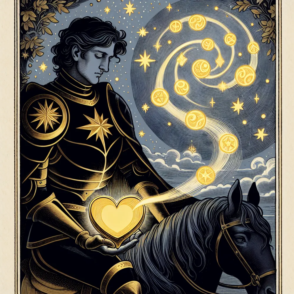 Create an image of a tarot card titled 'Knight of Cups'. Depict a Black knight sitting calmly on a horse, tenderly embracing a golden, heart-shaped cup filled with spiraling dreams and emotions. The knight is gazing at a far-off star, symbolizing his emotional journey. The background shows a twilight sky transitioning into dawn, embodying transformation from the symbol of the Death card. Incorporate subtle winter elements reminiscent of the Five of Pentacles, such as gently falling snowflakes. The image should be saturated with medieval symbolism and elaborate, mystical elements artfully intertwined throughout.