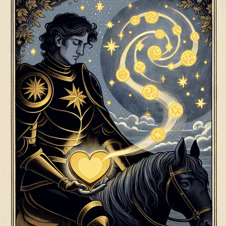 Create an image of a tarot card titled 'Knight of Cups'. Depict a Black knight sitting calmly on a horse, tenderly embracing a golden, heart-shaped cup filled with spiraling dreams and emotions. The knight is gazing at a far-off star, symbolizing his emotional journey. The background shows a twilight sky transitioning into dawn, embodying transformation from the symbol of the Death card. Incorporate subtle winter elements reminiscent of the Five of Pentacles, such as gently falling snowflakes. The image should be saturated with medieval symbolism and elaborate, mystical elements artfully intertwined throughout.