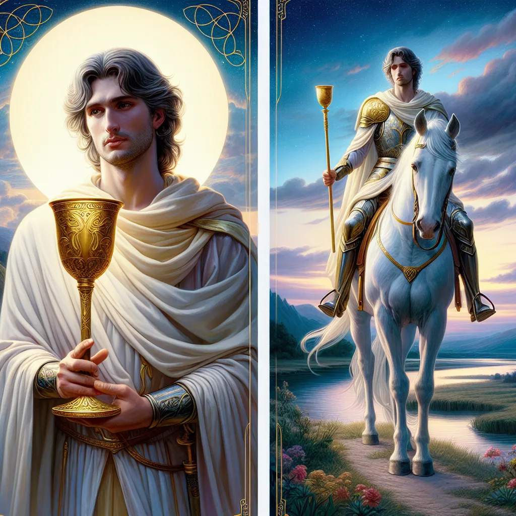 Create an image of a majestic knight dressed in elegant, flowing robes, holding a golden chalice with a serene, introspective expression. He rides a white horse through a peaceful, tranquil landscape with a gentle river winding in the background, under a soft, twilight sky. Incorporate elements of romanticism and fantasy, emphasizing the knight's quest for beauty and meaning, while highlighting the balance of emotion and aspiration in a classic tarot card style.