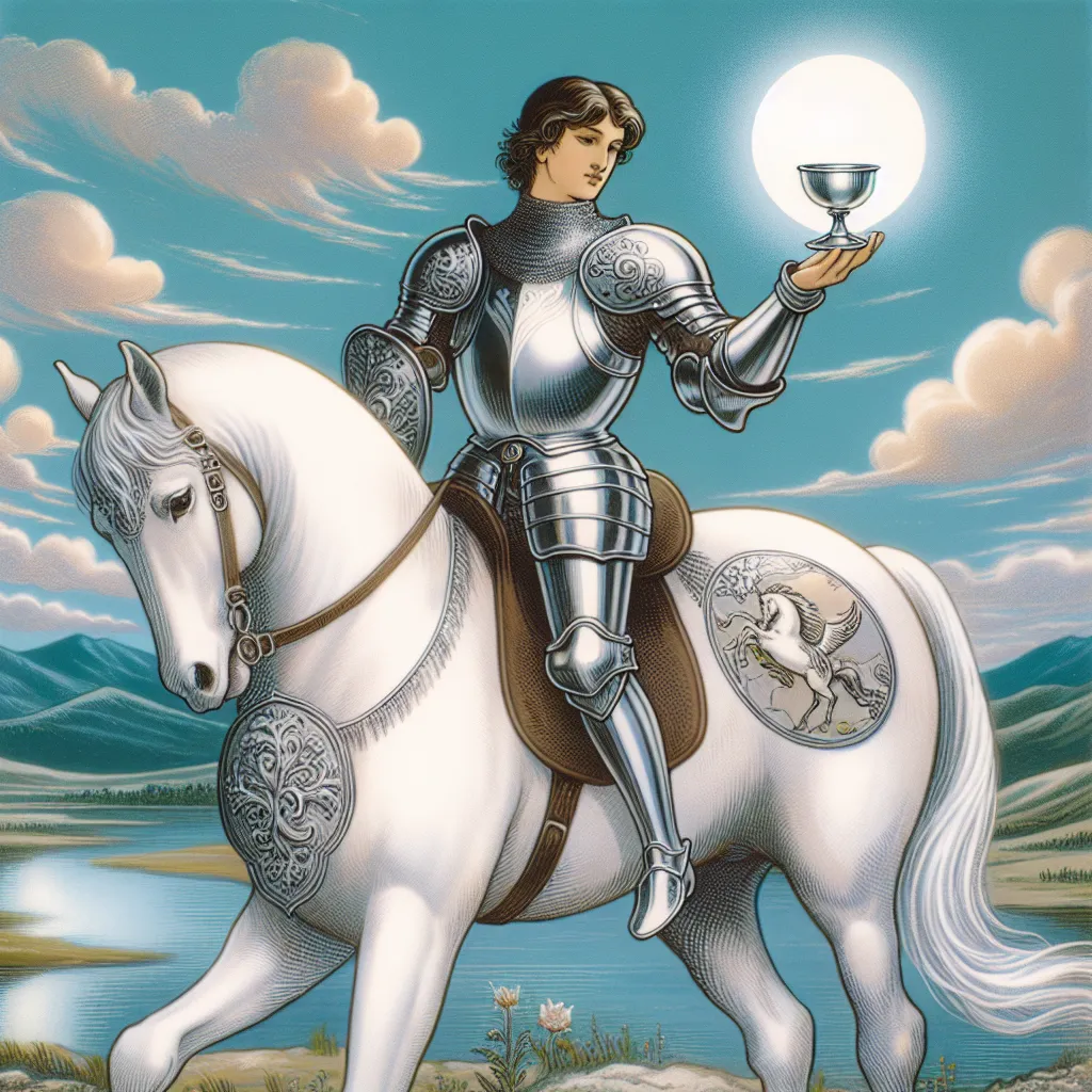 Create an illustration of the Knight of Cups from the tarot: a noble knight on a white horse, wearing a flowing suit of silver armor adorned with delicate engravings, riding gracefully. He holds a shining cup in one hand, offering it with a gesture of heartfelt sincerity. The background features a serene landscape of rolling hills and a tranquil river under a clear blue sky, embodying themes of romance, creativity, and emotional exploration.