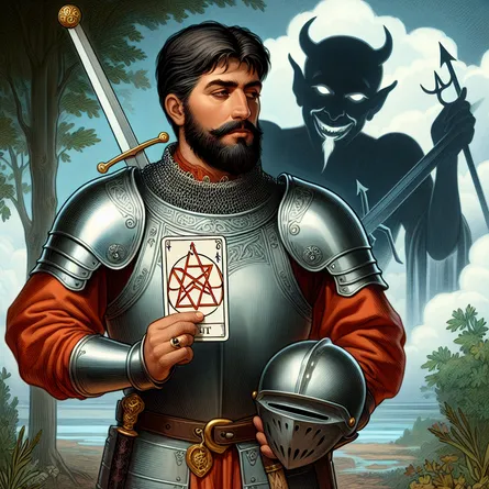Illustrate a stoic knight of Middle-Eastern descent, clad in traditional medieval armor, showing his dedication and diligence by holding a pentacle. The knight stands in a serene natural environment, embodying a sense of groundedness. He holds a sword piercing through a cloud, a symbol of the Ace of Swords' clarity. In the backdrop, suggest the presence of The Devil through a shadowy figure with a playful, mischievous grin, representing the temptation and shackles we strive to break free from.
