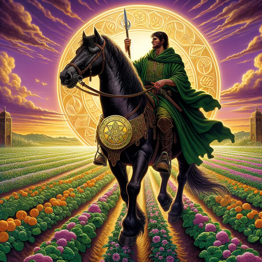 Illustrate an image depicting a Knight of Pentacles. The Knight, a Middle-Eastern man in robust health, is riding unerringly on a muscular, well-taken-care-of workhorse. He's dressed in a thick, lush green robe that denotes his deep ties with the Earth. In his grip is a resplendent golden pentacle coin which he intently observes as he navigates the blooming field filled with bountiful crops. As day transitions into night, the sun, descending into the horizon, extends long, dramatic shadows and colors the sky an awe-inspiring mix of orange and purple.