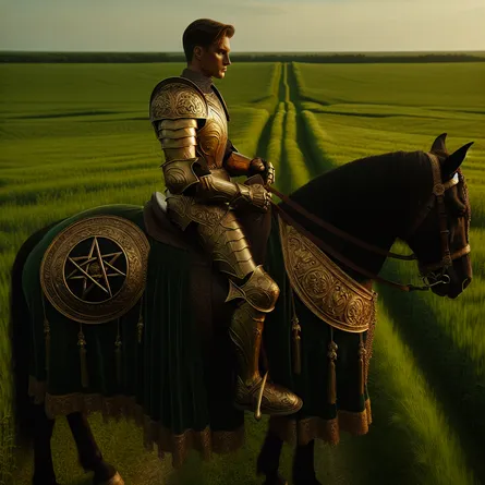 Visualize a Caucasian male knight, firmly seated on a sturdy horse in a verdant, green field. The knight is clad in opulent, golden armor, cradling a pentacle in his hands. The horse beneath him is effectively robust, in good health, and primed to stride forward. A pathway is discernible in the middle distance, gently unfurling towards the horizon. The ambience of the image is serene and resolved, resonating with the stoicism of the knight.