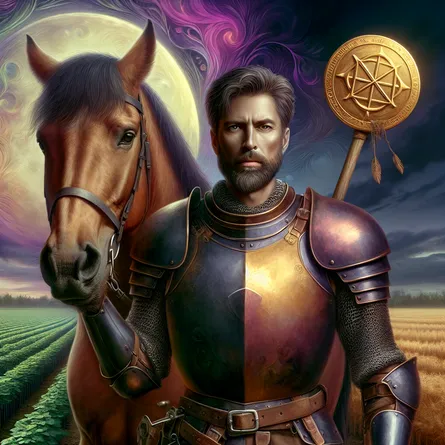 A steadfast Knight of Pentacles of Caucasian descent stands sturdily in a durable field, his expression is painted with determination and patience. He is outfitted in earth-toned armor, clutching a gleaming golden pentacle. A firm, workhorse of brown hue stands closely by his side. The atmosphere abstractly radiates a sense of steady diligence and hard work. The backdrop is a magical fusion of twilight sky awash with hues of purple and pink, and a flourishing farmland teeming with crops, thus achieving an exquisite blend of natural beauty and man's perseverance.