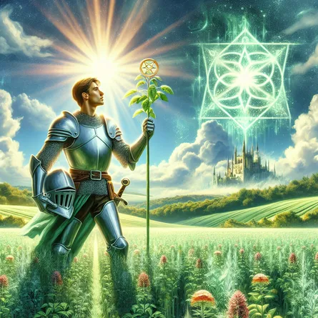 Imagine a brave Knight of Pentacles, of Middle-Eastern descent, standing on a luminous, green terrain. He stands strong amidst a vast, thriving field abundant with a variety of flowering plants, acting as a symbol of his perseverance and endurance. His armor glimmers under the sunlight's rays, a representation of his relentless commitment. The pentacle in his possession also shines brightly, indicating his focus. In the horizon, illustrate a majestic castle, indicative of his aspirations and dreams. Above him, the sky should be unclouded, mirroring his consistency and unwavering determination.