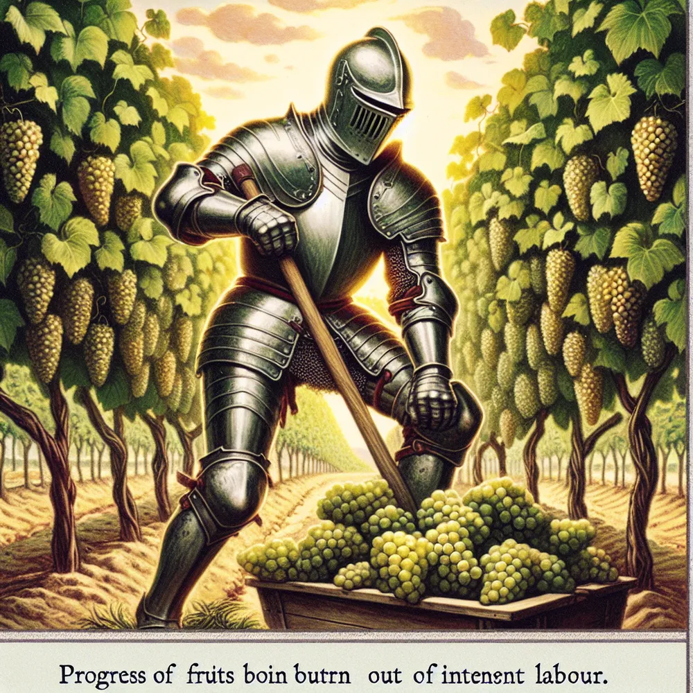 Generate an image of a stoic Middle-Eastern knight, known as a Knight of Pentacles. He is diligently working in a fertile vineyard, which is teeming with mature grapevines bearing ripe, succulent grapes, symbolic of rich fruits born out of intense labour. The knight is a determined figure demonstrating unwavering focus on his task. The sunlight reflects off his resilient armor, emphasising his strength and resolve. This pastoral scene encapsulates the idea of progress and reward achieved through consistent dedication and perseverance.