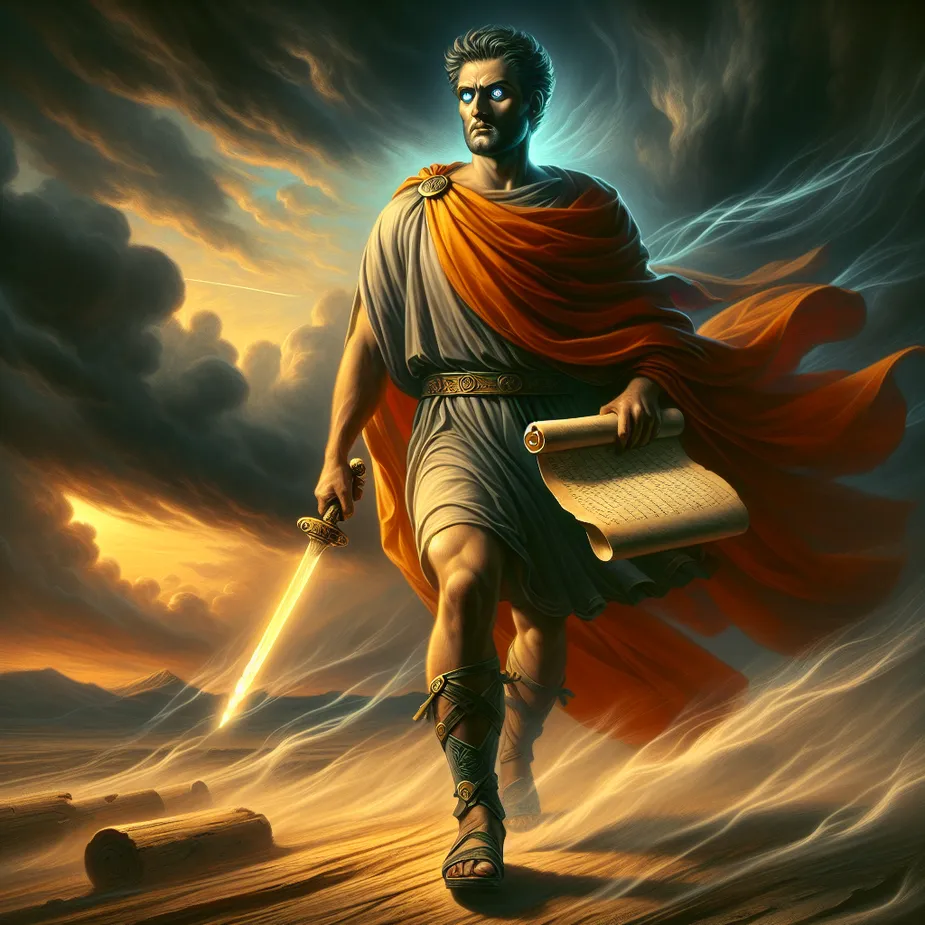 A stoic philosopher, adorned in traditional Roman clothing, strides confidently across a wind-tossed landscape. In one hand, he clutches a well-aged scroll, in the other, a sword that glows with a shine indicative of intellectual prowess. Above him, a stormy sky threatens, a sign of the inevitable challenges ahead. Yet, his eyes - unblinking, determined - suggest an unquestionable readiness to face whatever comes.
