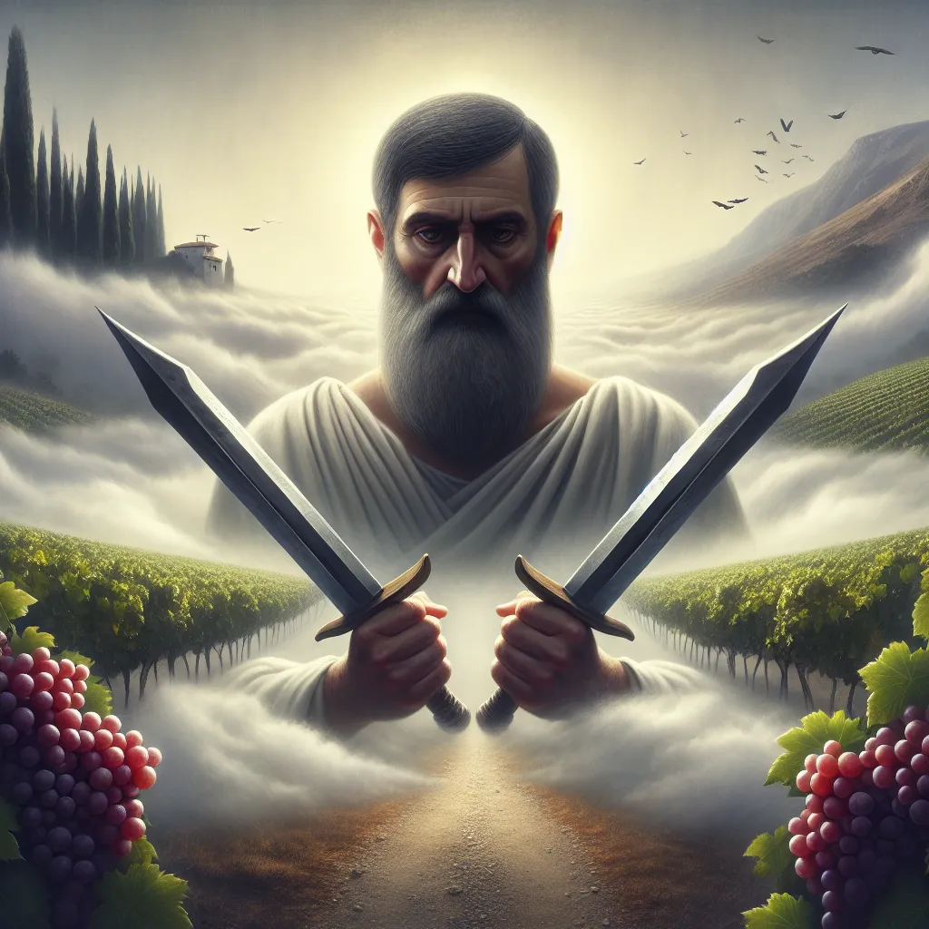 A determined philosopher of stoicism, identifiable by his serious expression and traditional clothing, stands at a crossroads within an enigmatic, fog-shrouded landscape. The Middle-Eastern man is firmly holding two sharply pointed swords, each signifying a crucial choice that lies ahead. Beyond the fog's mystic blanket, a sprawling vineyard, suggestive of personal abundance and self-reliance, is visible, while a sudden break in the fog allows a gleam of daylight to illuminate the grapes' lush hues. This visual rendition serves as an allegory for the philosophy of stoicism, highlighting the importance of free will, self-reliance and the pursuit of virtue in the face of uncertainty.