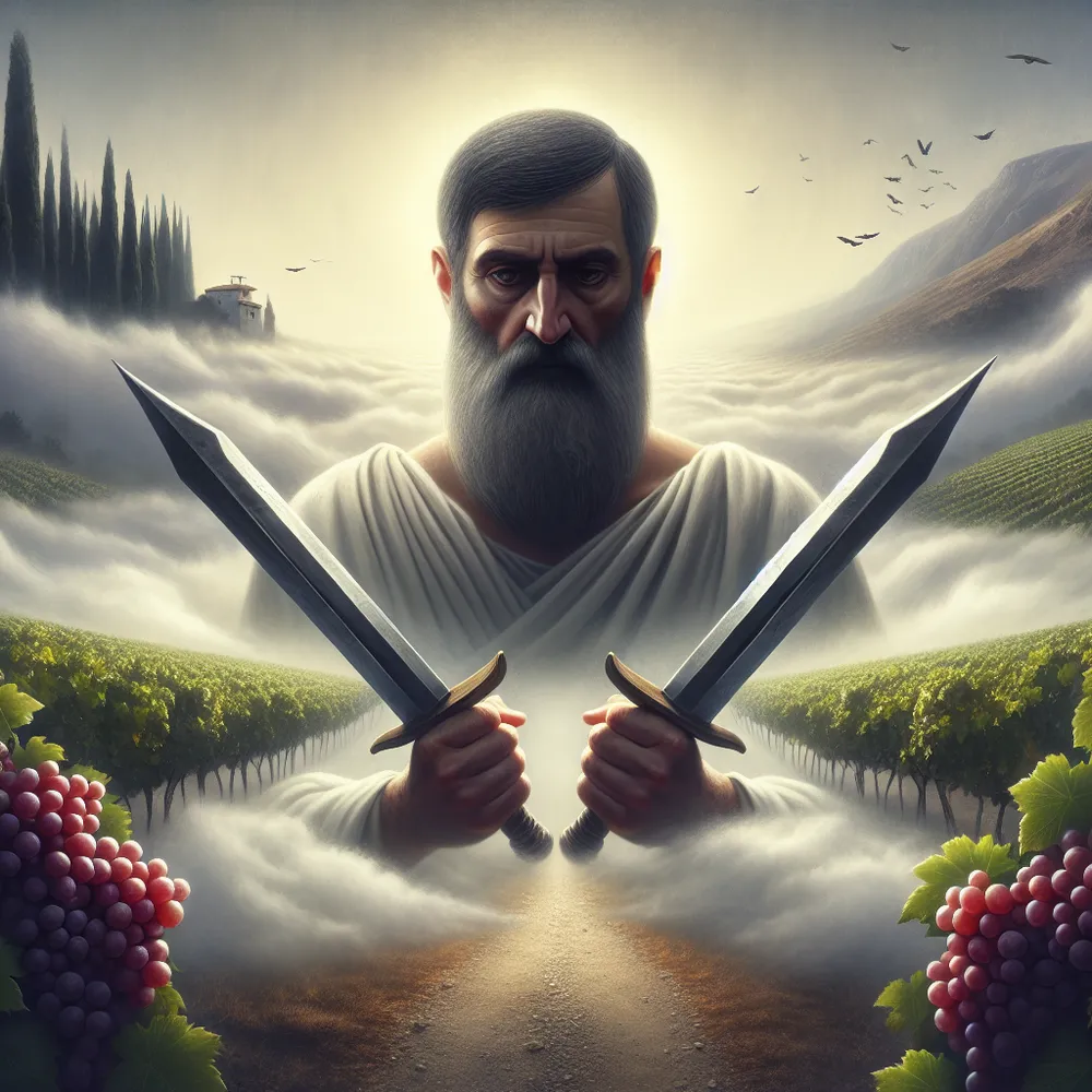 A determined philosopher of stoicism, identifiable by his serious expression and traditional clothing, stands at a crossroads within an enigmatic, fog-shrouded landscape. The Middle-Eastern man is firmly holding two sharply pointed swords, each signifying a crucial choice that lies ahead. Beyond the fog's mystic blanket, a sprawling vineyard, suggestive of personal abundance and self-reliance, is visible, while a sudden break in the fog allows a gleam of daylight to illuminate the grapes' lush hues. This visual rendition serves as an allegory for the philosophy of stoicism, highlighting the importance of free will, self-reliance and the pursuit of virtue in the face of uncertainty.