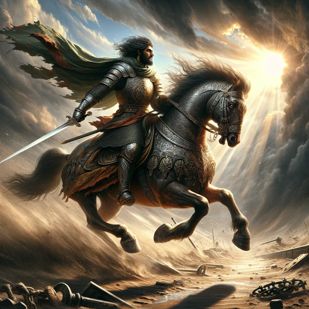 Generate an image of a South Asian medieval knight riding valiantly on a strong, speedy horse against a gusty wind. The knight, in ornate armor, shows his internal strength through his firm facial expressions. His gleaming sword is held high, cutting through the air while the wind ruffles his hair and cloak. The ground beneath the knight and his steed presents a mix of broken chains and fallen barriers symbolizing obstacles overcome. In the background, a radiant sun starts to break through the gathering storm clouds, illuminating the road ahead and casting the knight in an inspiring light that reflects resilience and an unyielding will.