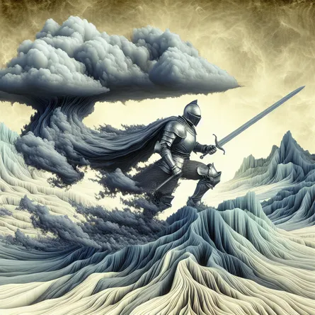Render an image of a valiant knight, armed with a dazzling blade, readying for imminent action amidst a turbulent terrain symbolizing transition. Highlight a rapidly moving, tempest-like cloud hovering above to signify swift judgement and decisiveness.
