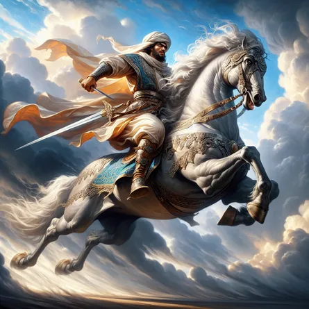 A radiant and commanding Knight of Middle-Eastern descent, astride a colossal horse, sprinting forward with a gleaming sword held high, under an unruly sky that personifies fervent energy and aspiration. The Knight's garb, designed in traditional Middle-Eastern style, fluidly waves with the wind, portraying motion and urgency. He is strong and courageous, his face displays resolution as if nothing could deter him from his path.